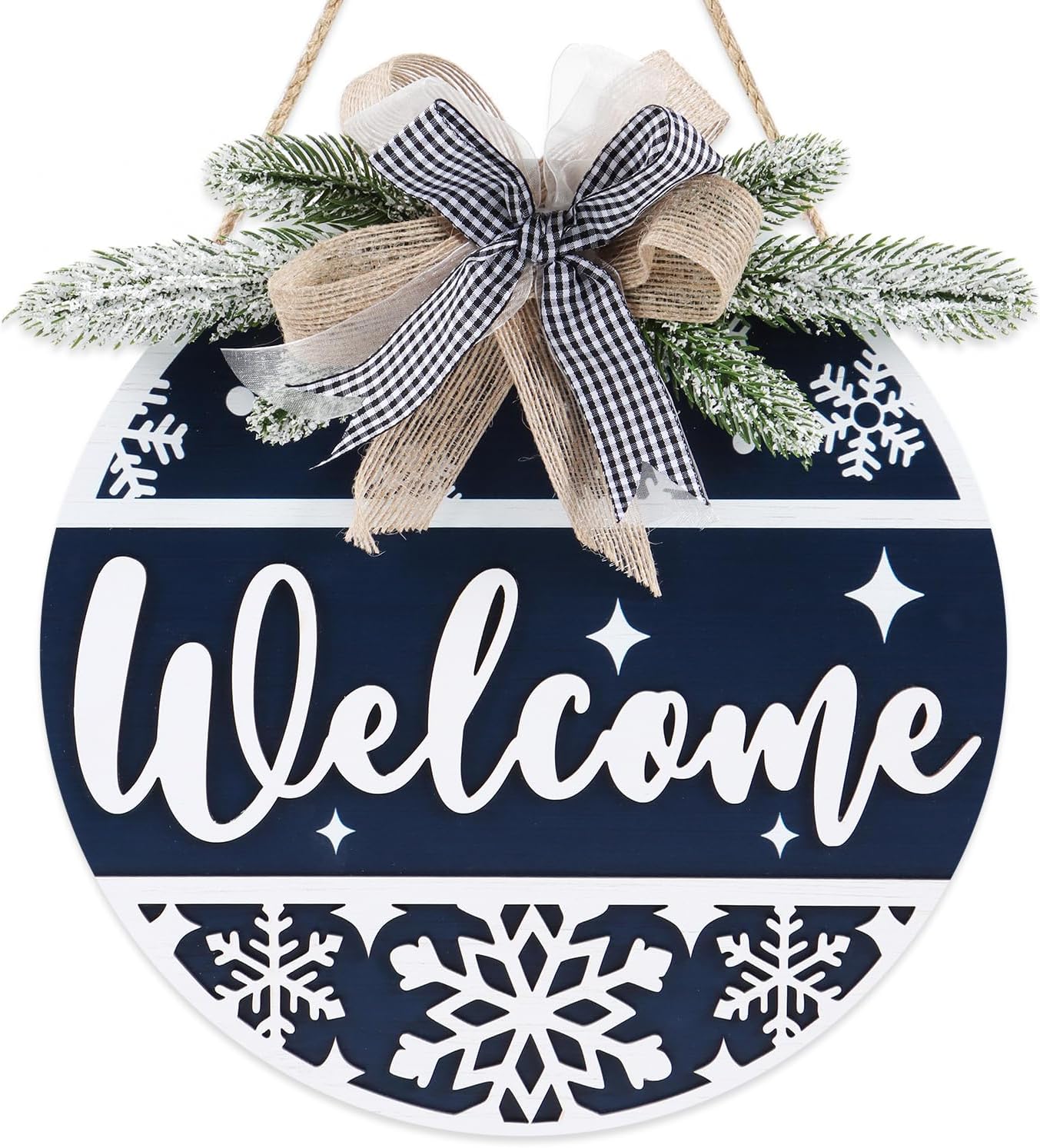 CHDITB Blue Welcome Winter Front Door Sign Wreath(11.4”), Wooden 3D Welcome Home Decoration Wall Hanging with Plaid Bow Snowflake, Farmhouse Christmas New Year Decor for Home Office