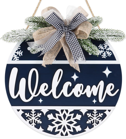 CHDITB Blue Welcome Winter Front Door Sign Wreath(11.4”), Wooden 3D Welcome Home Decoration Wall Hanging with Plaid Bow Snowflake, Farmhouse Christmas New Year Decor for Home Office