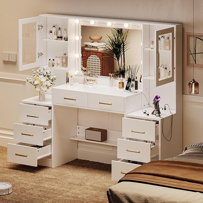 TOKSOM White Vanity Desk with Mirror, Lights & Charging Station, 2 Cabinets and - Image 6