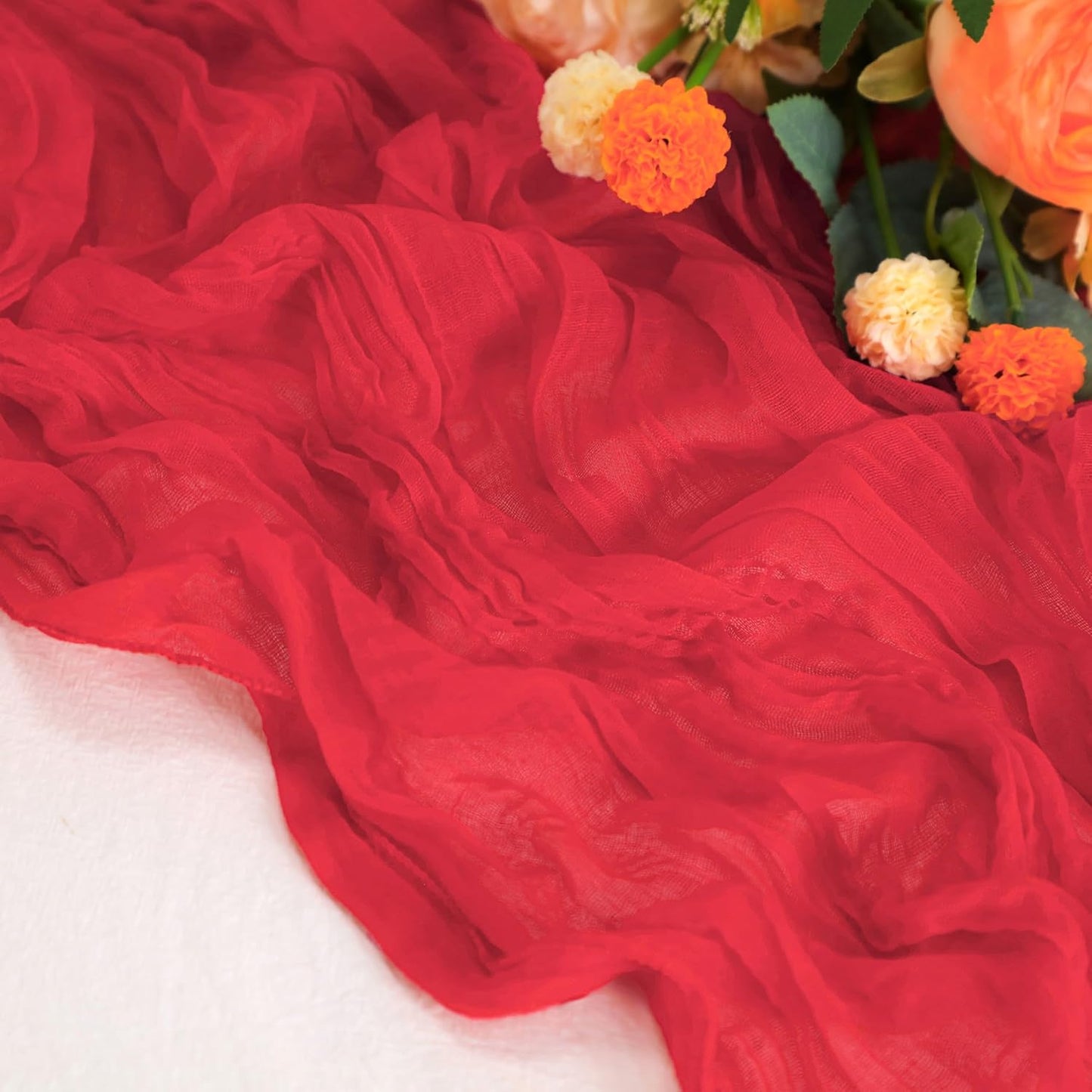 Snowkingdom 10 Ft Red Cheesecloth Table Runner, 120 inch Long Cheese Cloth Boho Gauze Runner for Wedding Bridal Baby Shower Birthday Sheer Table Decorations