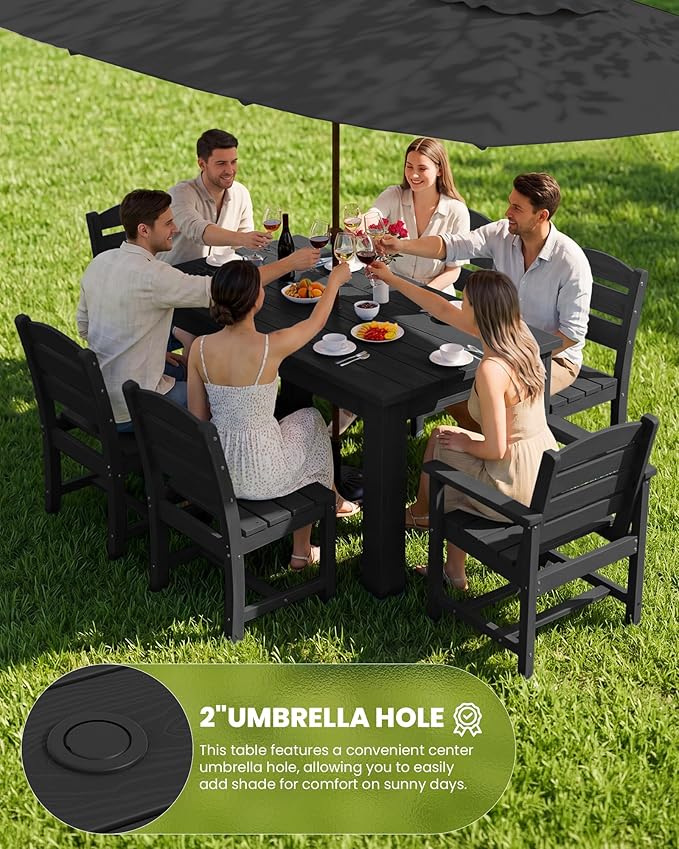 SERWALL HDPE Dining Set for 6: 1 Umbrella Hole Table, 4 Armless + 2 Armchairs. - Image 5
