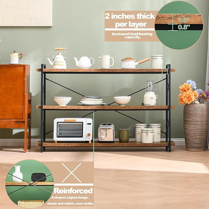 HCHQHS Bookshelf, 3-Tier Long Industrial Bookcase, Rustic Open Book Shelf - Image 5
