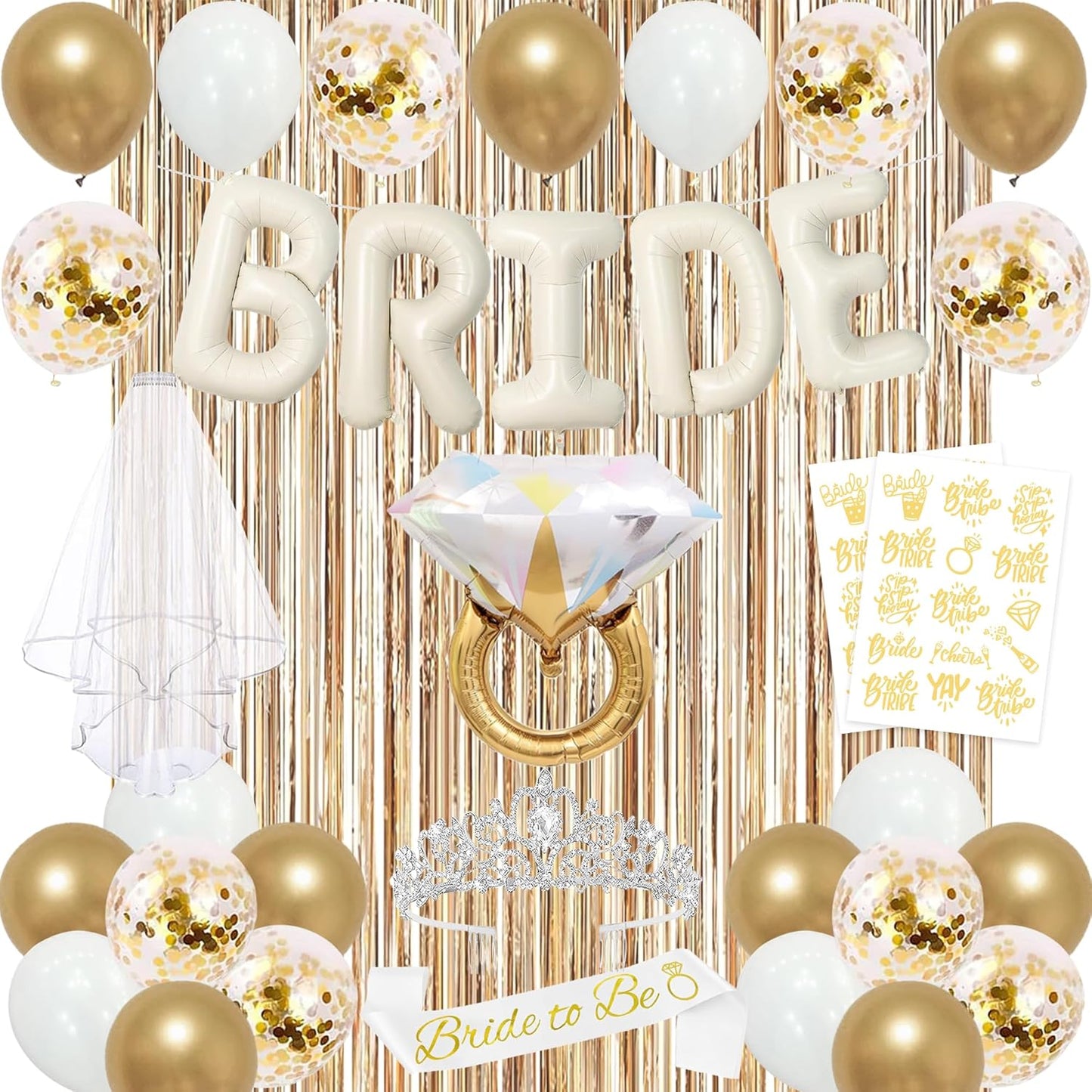 Trgowaul Bride to Be Decorations for Women, Bride to Be Banner, Bridal Shower Tiara, Sash&Veil, Fringe Curtains, Champagne Gold Bachelorette Bridal Shower Fecorations Party Supplies