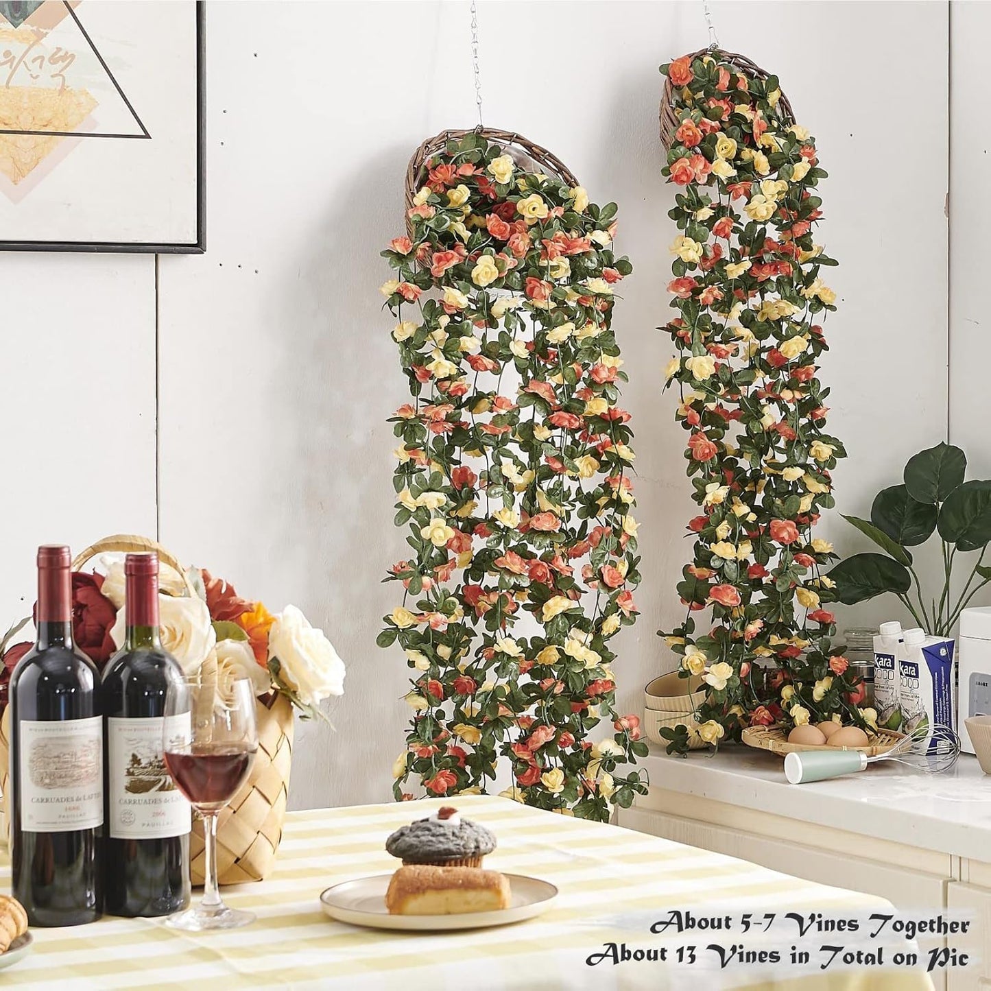 8 Pcs x 8.2 ft Flower Garland Artificial Rose Vine Flowers with Green Leaves Hanging Fake Roses Vine for Room Party Home Wedding Birthday Christmas Wall Arch Decor, Champagne Flower