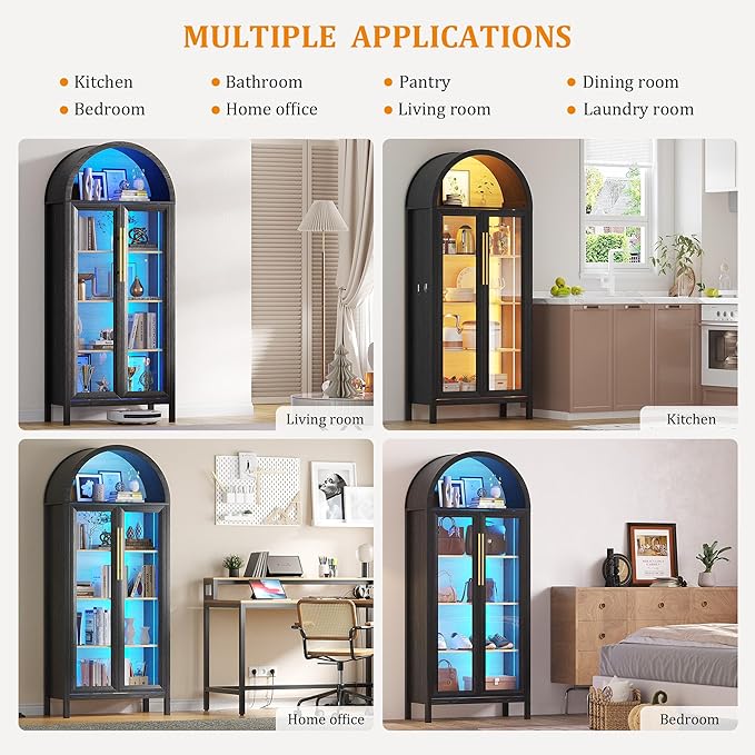 HWB Display Curio Cabinet with Glass Doors, Arched Bookcase 5-Tier Tall Storage - Image 7