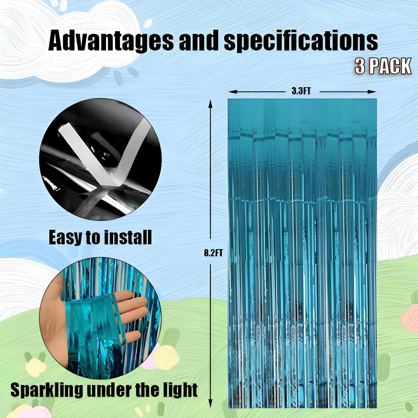 Keyali 3 Pack 3.3 * 8.3 ft Foil Curtain Metallic Tinsel Fringe Curtains Photo Booth Props Backdrop for Birthday Wedding Engagement Baby Shower Christmas Holiday Celebration Partyl,Light Blue