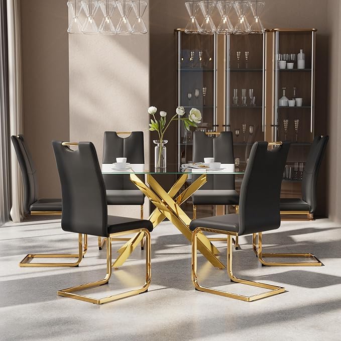 7-Piece Dining Table Set for 6, Modern Rectangular Glass Table - Image 3