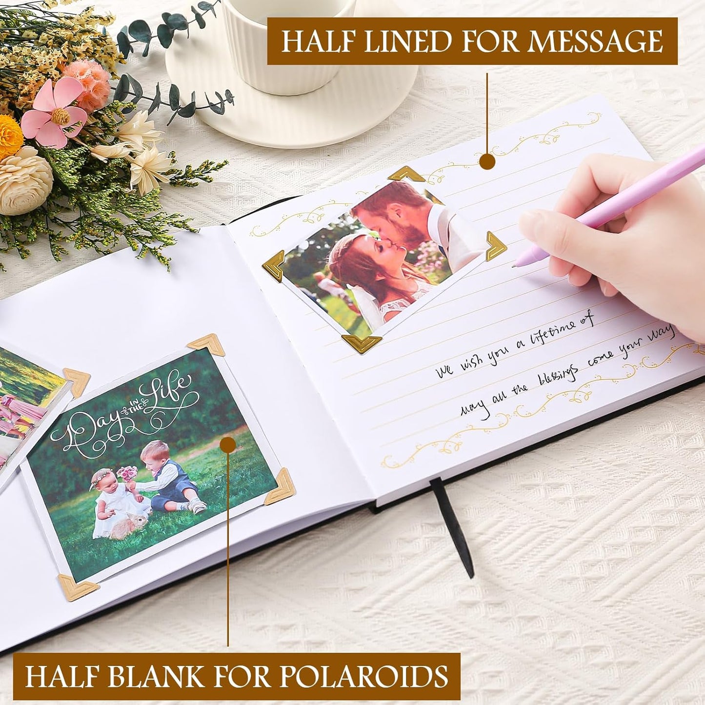 8x10 Leather Guest Book and Standup Sign Set, Gold Foiled Cover Registry Book for Wedding Reception, Retirement Party, Vacation Homes and Events, 120 Pages (Black)