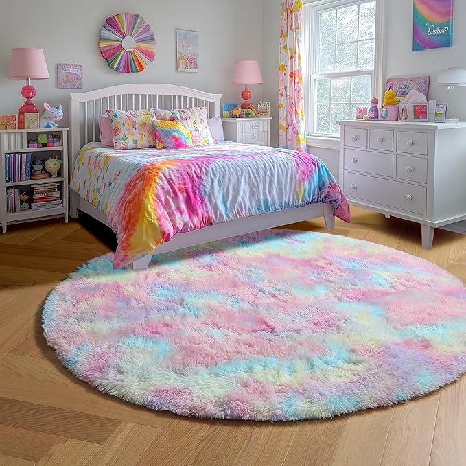 Amdrebio Rainbow Fluffy Round Rug 5Ft Kids Rugs - Image 2