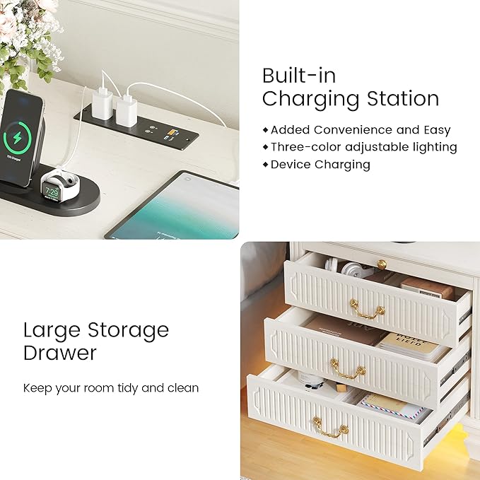 25.6'' Wide Bedside Table with 3 Drawers & Pull-out Tray, Smart Night Stand - Image 5