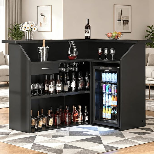 L-Shaped Home Bar Unit with Power Outlet, 4-Tier Corner Liquor Bar Cabinet with by SAHISTCT