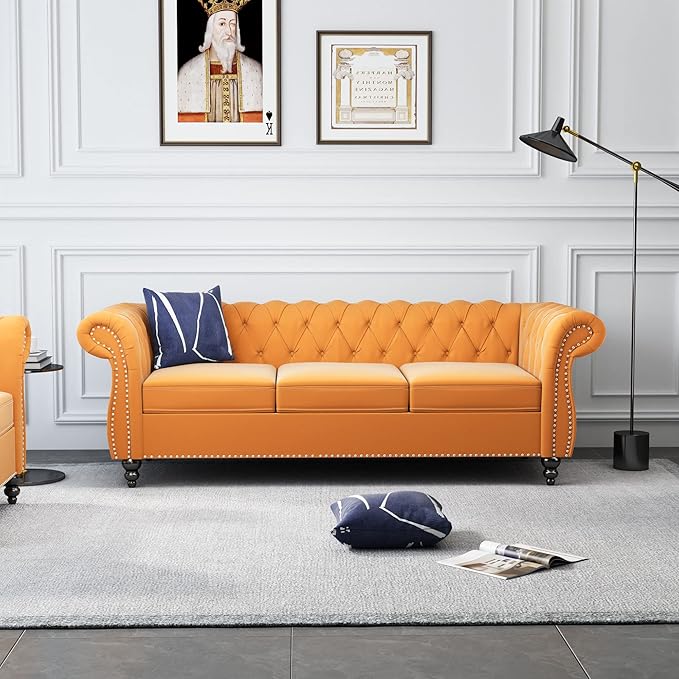 ORRD 3 Piece Living Room Set, Velvet Chesterfield Sofa Loveseat Couch Chair - Image 3