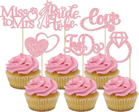 Gyufise 24Pcs Bride to Be Cupcake Toppers Pink Glitter I Do Love Heart Ring Miss To Mrs Cupcake Picks Bridal Shower Cake Decorations for Wedding Engagement Bachelorette Party Supplies