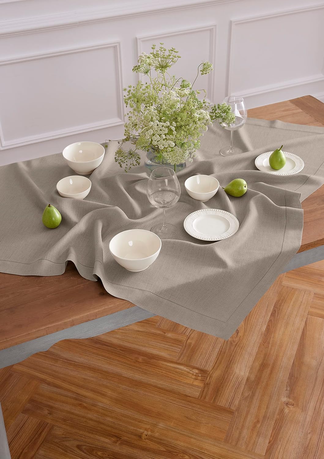 Solino Home Natural Linen Tablecloth 52 x 52 Inch - 100% Pure Linen Square Table Throw - Classic Hemstitch, Machine Washable Table Cloth for Fall, Autumn, Thanksgiving, Christmas, Holiday