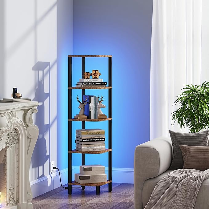 TUTOTAK Corner Shelf with LED Light, 5-Tier Corner Bookshelf - Image 8