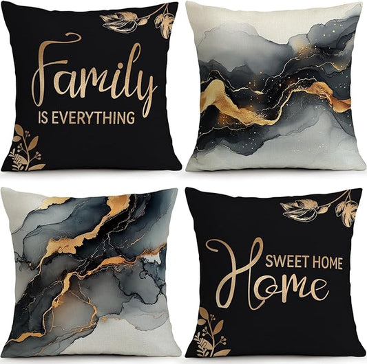 OBSEDE Black Gold Marble Sweet Home Decorative Throw Pillow Covers 18 × 18 in by OBSEDE