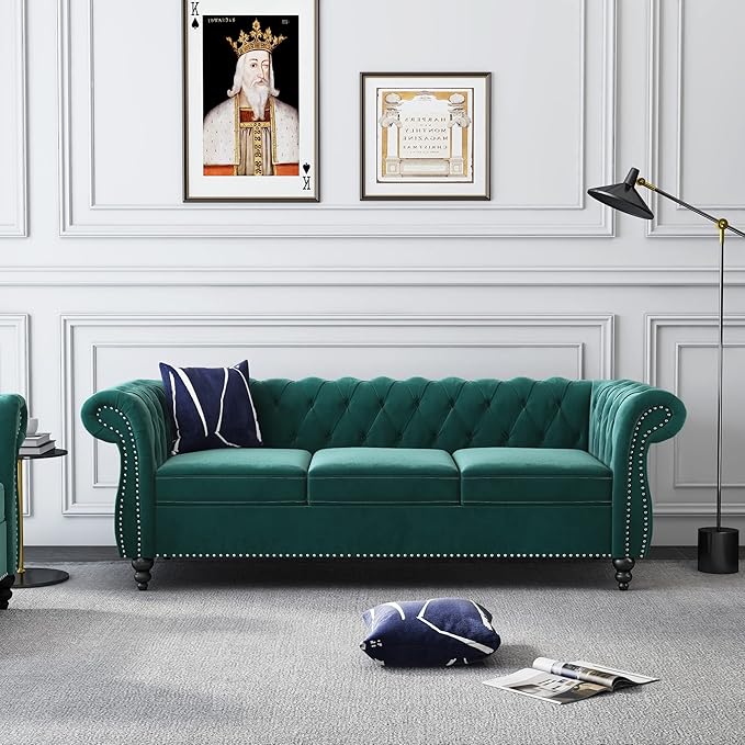 3 Piece Living Room Set, Velvet Chesterfield Sofa Loveseat Couch Chair - Image 4