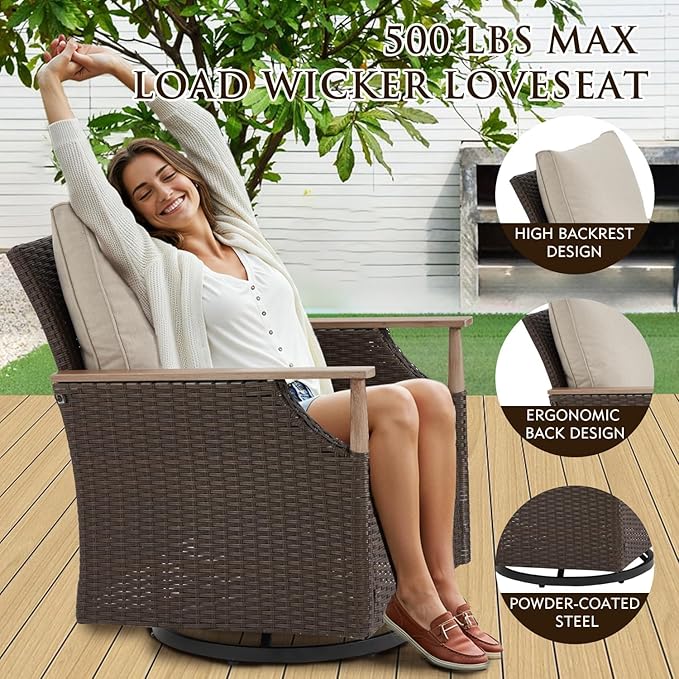 HOMREST 3 Piece Outdoor Swivel Chair Set, Wicker Patio Bistro Set - Image 7