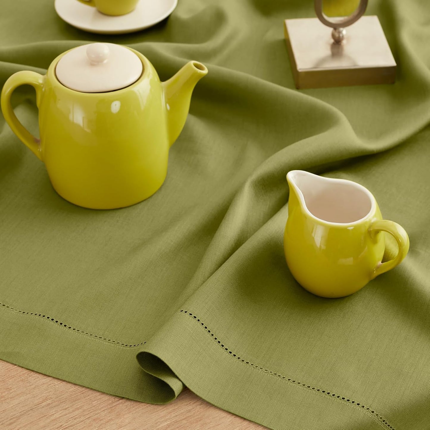 Solino Home Avocado Green Linen Tablecloth 52 x 52 Inch - 100% Pure Linen Square Table Throw - Classic Hemstitch, Machine Washable Table Cloth for Fall, Autumn, Thanksgiving