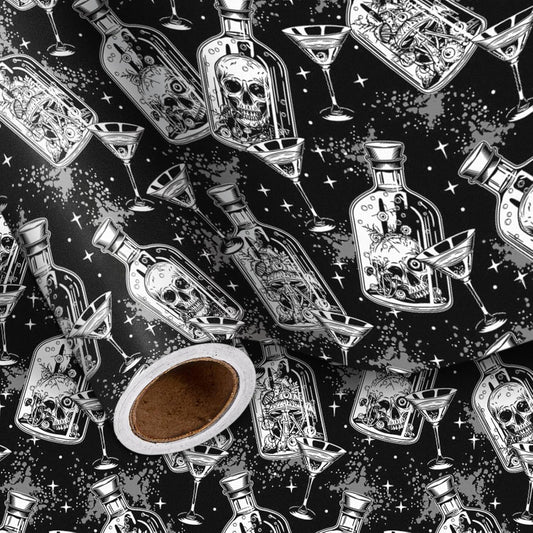 LeZakaa Halloween Wrapping Paper Roll, Gothic Skull-in-Bottle and Eye Cocktail Glass in Black, Spooky Gift Wrap for Horror Lovers, Goth Style Party, Trick or Treat, Mini Roll 17 In x 16.4 Feet