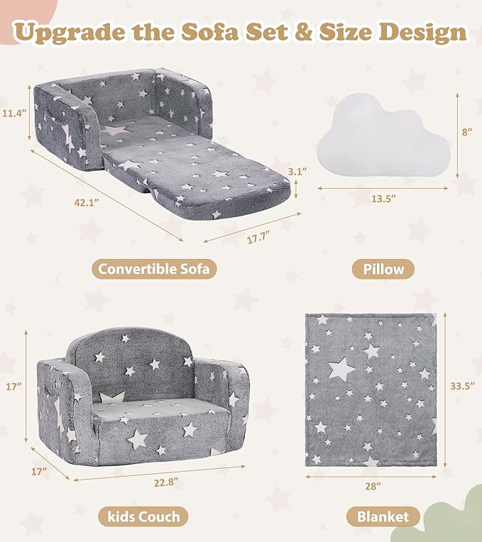 Kids Couch, 2-in-1 Soft Toddler Couch Fold Out - Image 3