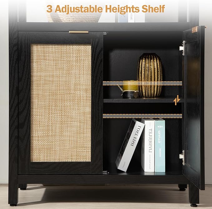 SICOTAS Bookshelf 5 Tier Book Shelf Rattan Boho 71" Tall Bookcase - Image 6