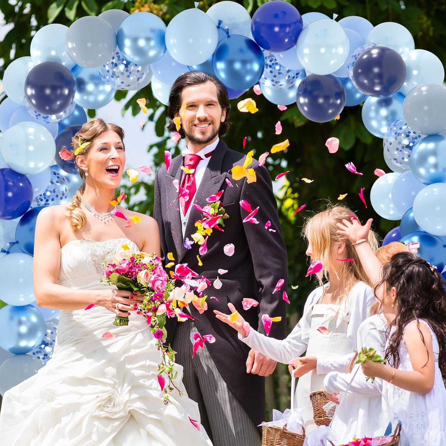 100pcs Blue Balloons - 12inch Metallic Royal Navy & Pearl Blue Balloons with Confetti for Birthday Baby Shower Graduation Party Decorations (with 66ft Ribbons)