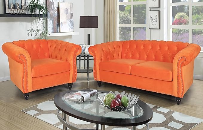 RARZOE 3 Pieces Living Room Furniture Sofa Set, Chesterfield Style, Velvet - Image 3