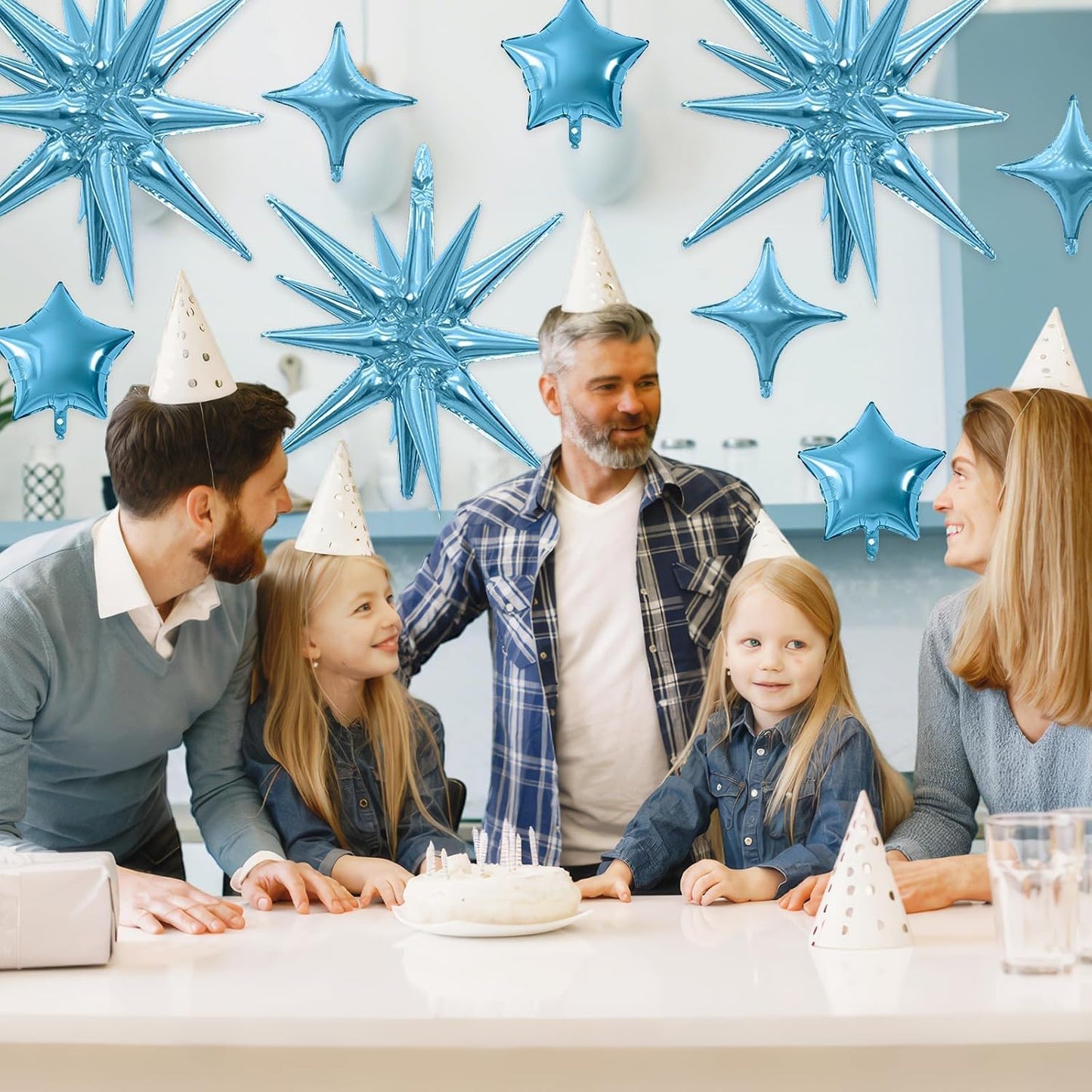 Blue Star Balloon,16Pcs Light Blue Star Foil Balloons Set with 22Inch Explosion Spike Cone Balloons and 10Inch Quadrangle Helium Balloon for Birthday Wedding Baby Shower Party Decorations