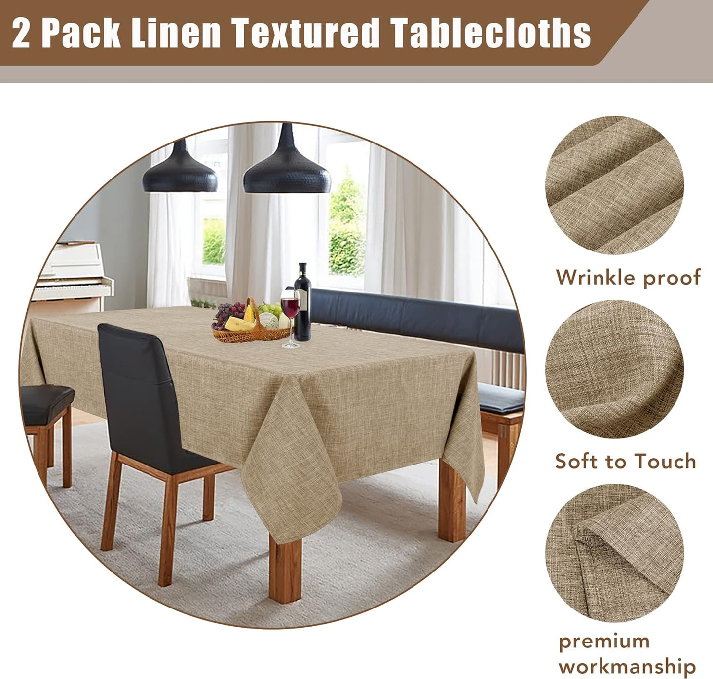 Fitable Faux Linen Table Clothes 60 x 84 Inch - 2 Pack Khaki Tablecloths for Rectangle Tables, Faux Burlap Table Covers for Kitchen Dining, Party, Farmhouse, Baby Shower