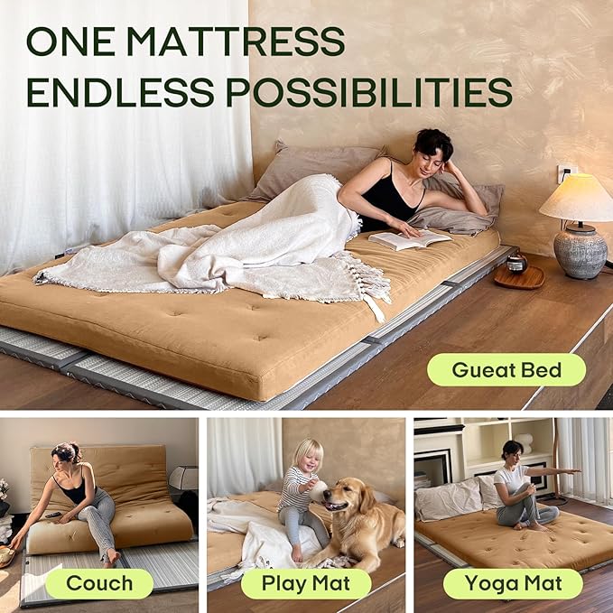 ZonLi Japanese Floor Futon Mattress Queen Size 80"x 60", 100% Cotton Cover 4'' - Image 5