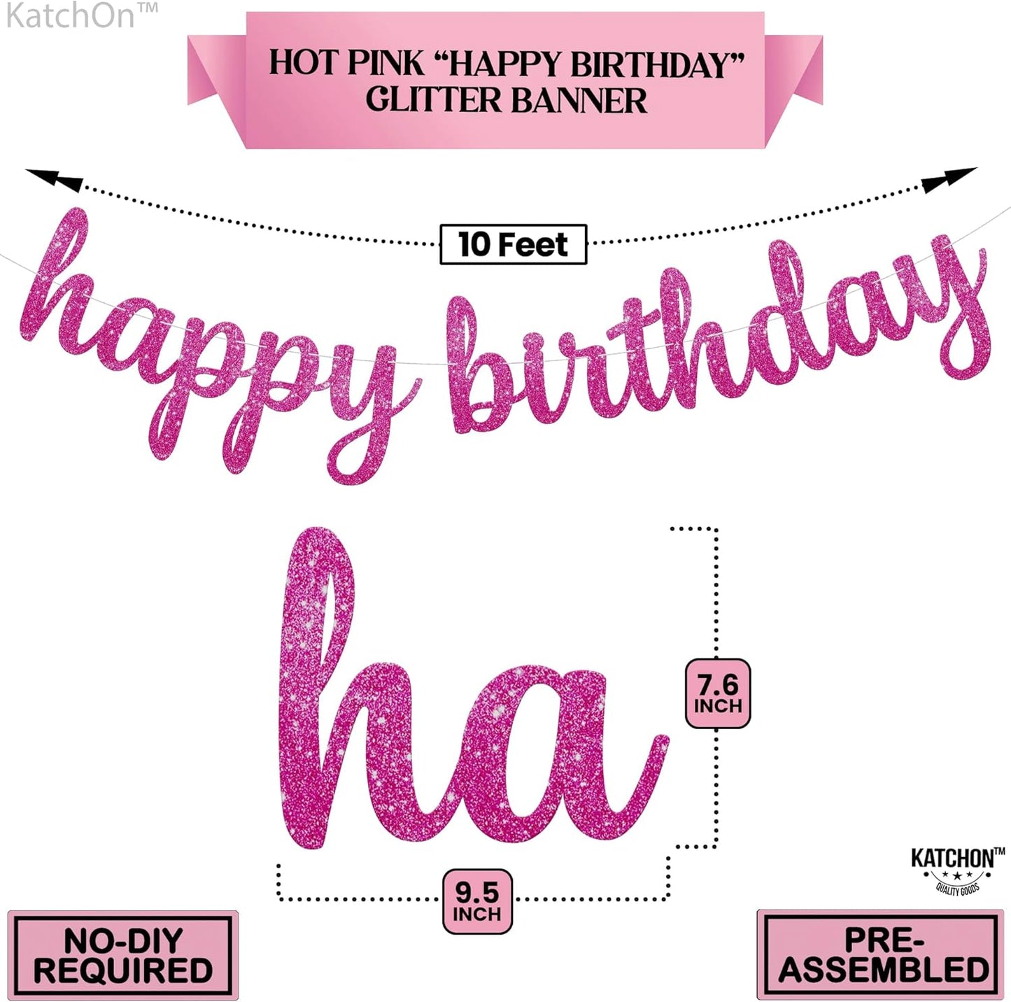 KatchOn, Glitter Pink Cursive Happy Birthday Banner - Pre-Strung, 10 Feet | Birthday Decorations for Women, Girls | Hbd Banner Backdrop For Pink Birthday Decorations, Happy Birthday Sign