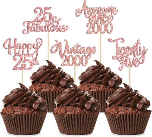 30Pcs Vintage 2000 Cupcake Toppers Glitter Twenty-Five 25 Fabulous Happy 25th Birthday Cupcake Picks Awesome Since 2000 Cake Decorations for 25th Birthday Retirement Party Supplies Rose Gold