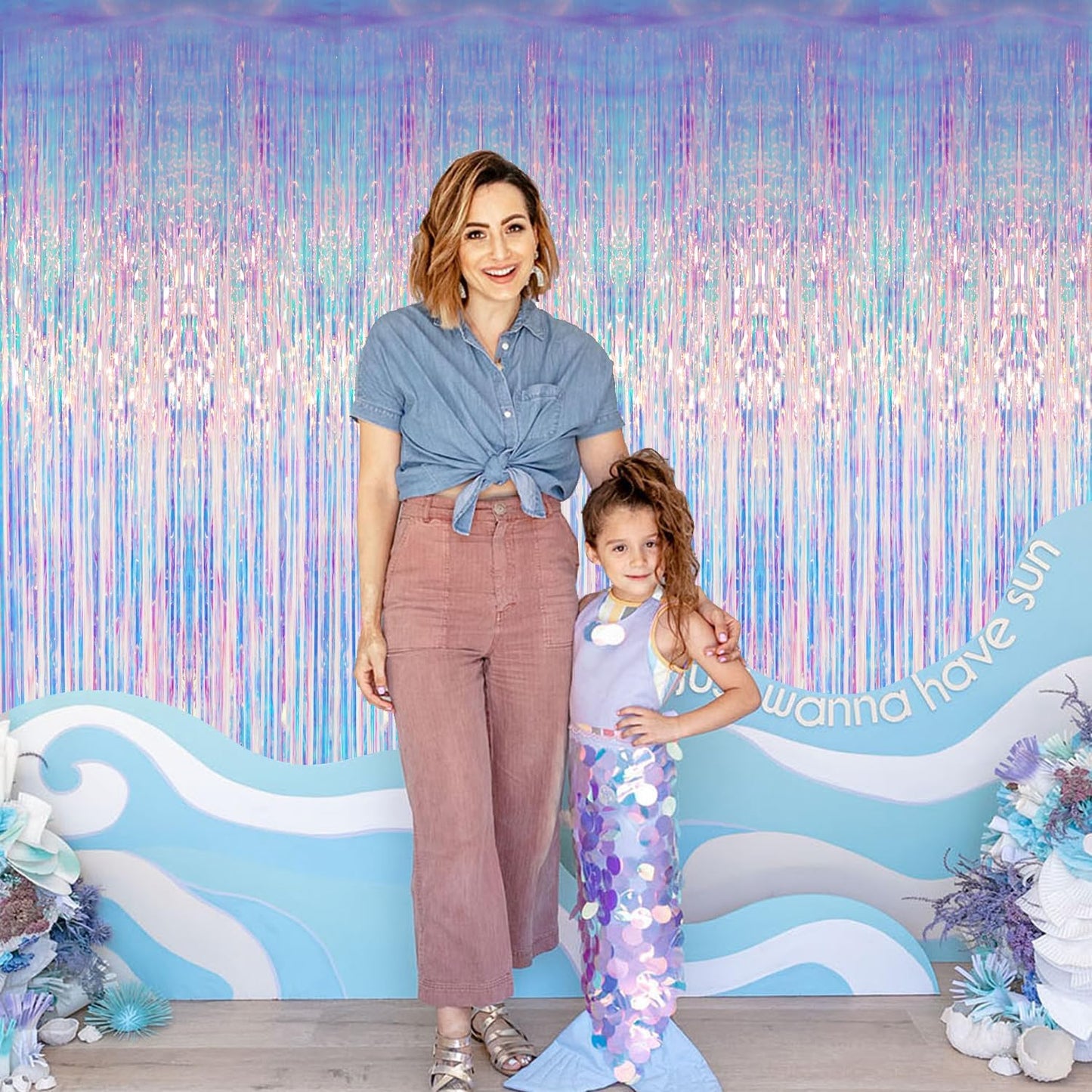 GOER 3.2 ft x 6.5 ft Metallic Tinsel Foil Fringe Curtains Party Photo Backdrop Party Streamers for Mermaid Birthday Party Decorations(1 Packs,Neon Blue)