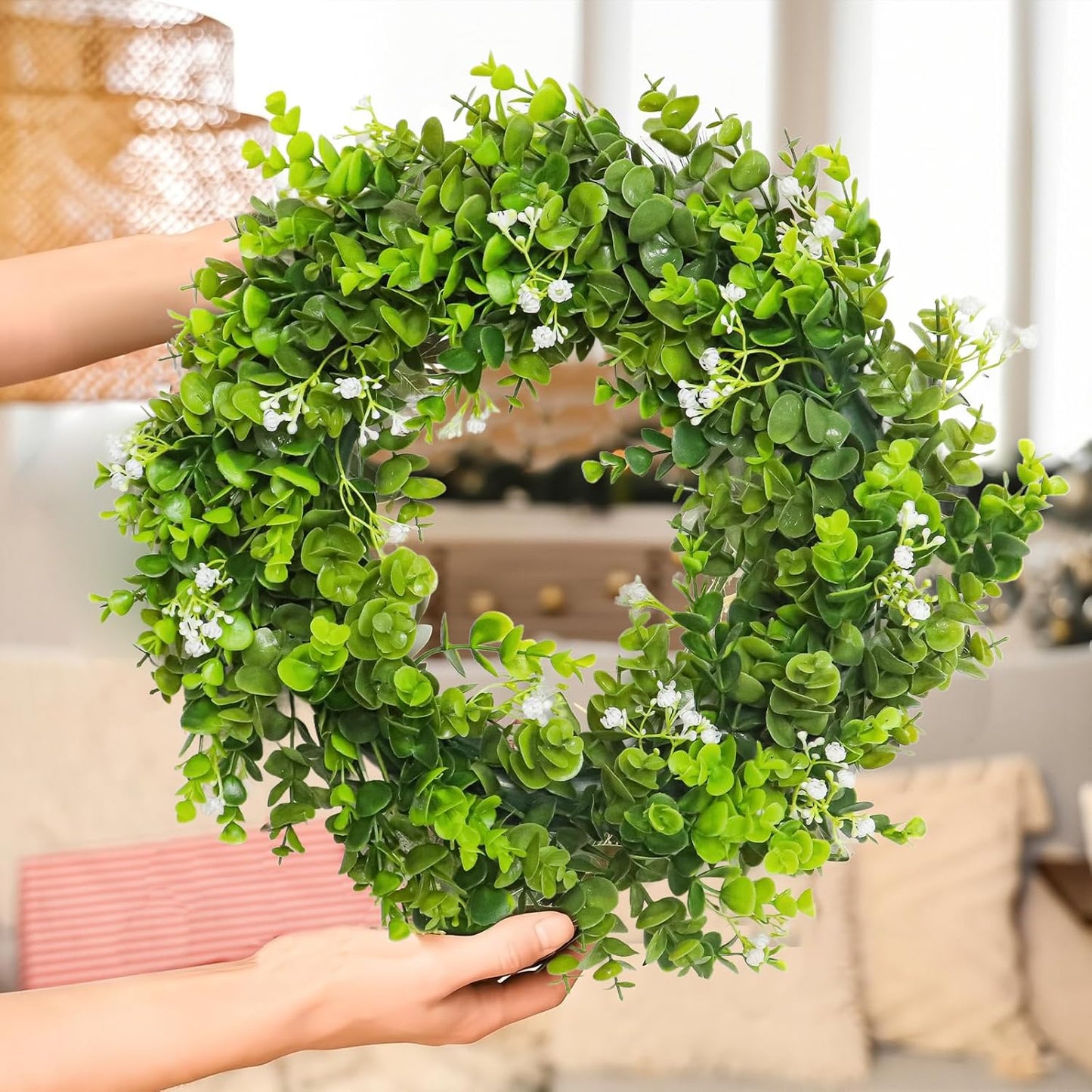 MAKHOT Artificial Eucalyptus Front Door Wreath, Spring Summer Green Wreath, Door Green Garland for Home Porch Window Wall Farmhouse, Fake Garland for Indoor/Outdoor All Seasons Decor