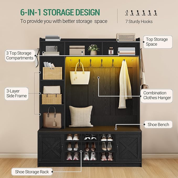 Hzuaneri 59.8" Hall Tree, LED Farmhouse Entryway Storage and Coat Rack Wood - Image 5