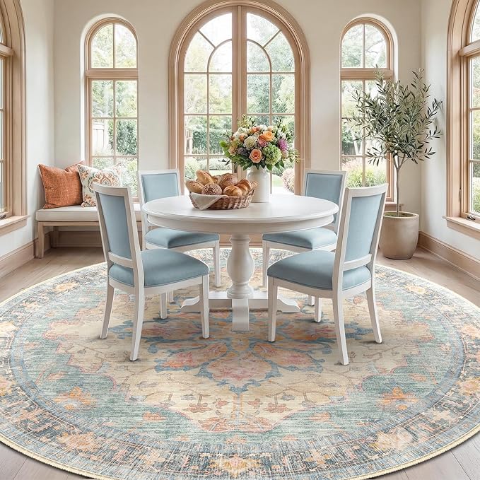 RELEANY Area Rugs Round 8ft Washable Non-Slip, Floral Vintage Distress Print - Image 2