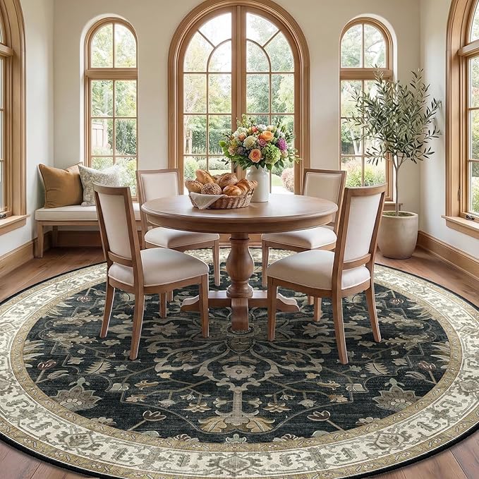 RELEANY Area Rugs Round 8ft Washable Non-Slip, Floral Vintage Distress Print - Image 2