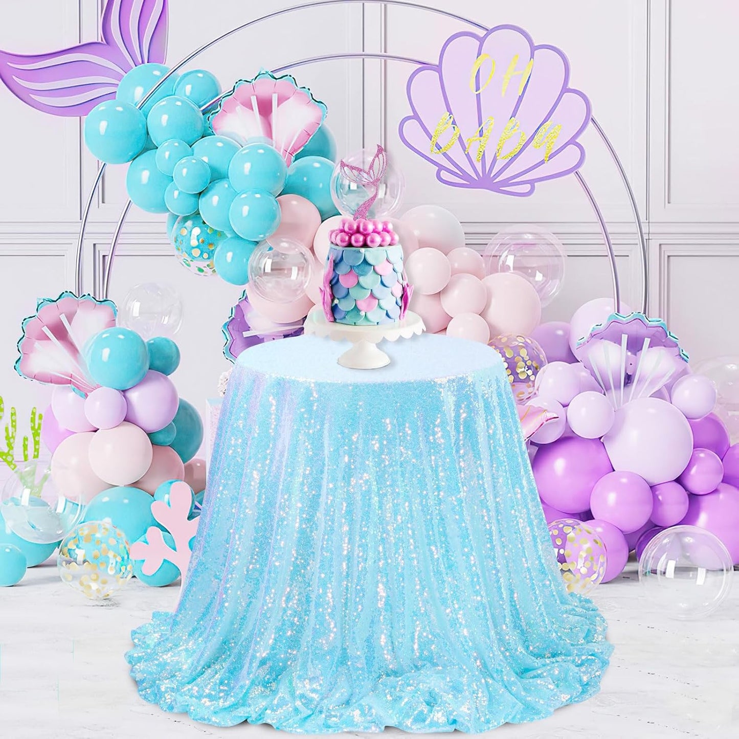 Glitter Blue Tablecloth 50x80 Inch Iridescent for Anniversary Birthday Baptism Mermaid Ocean Theme