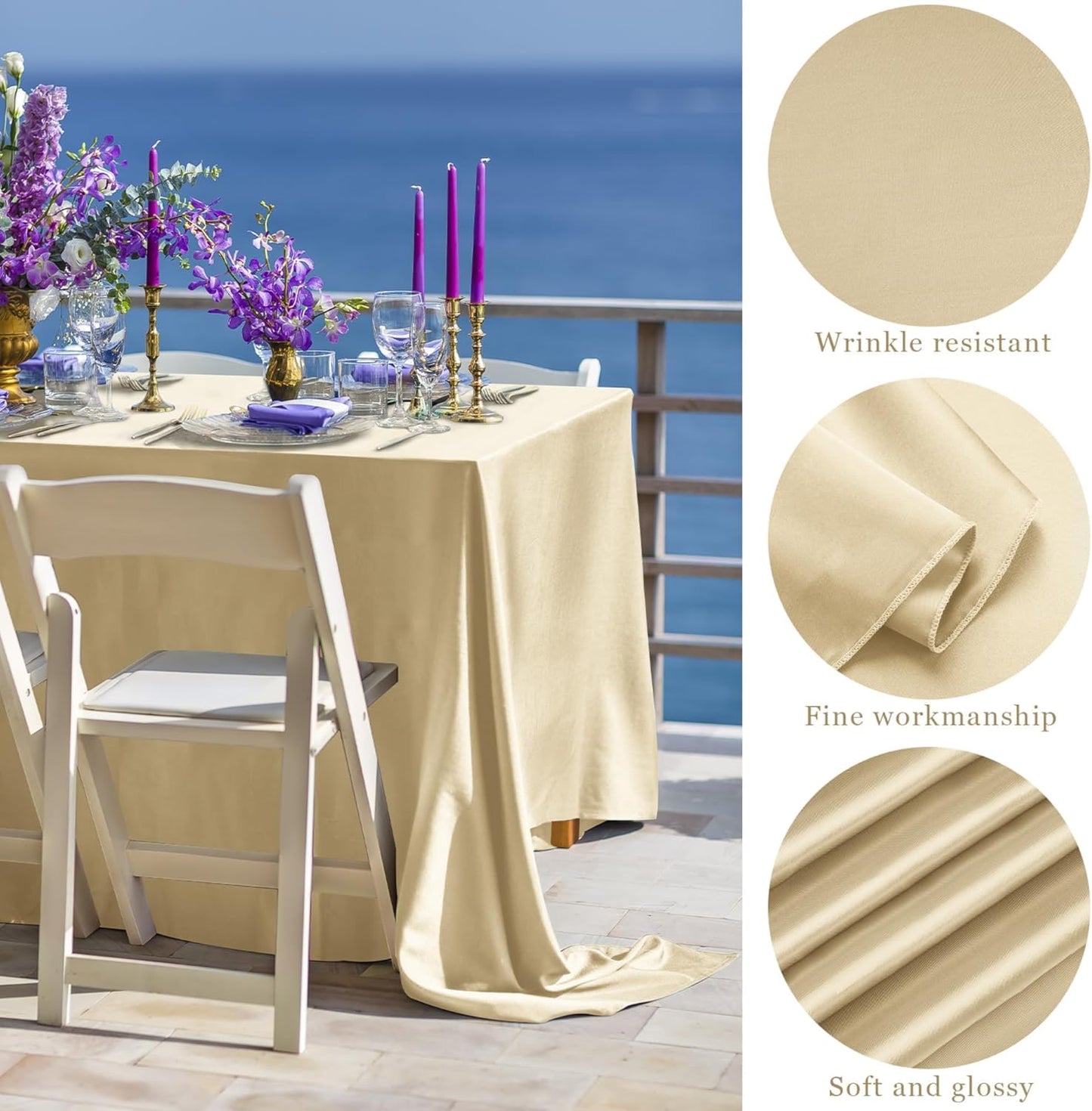 TURSTIN 1 Pack Champagne Satin Tablecloth 102 x 58 Inch Overlay Satin Table Cover Rectangle Bright Silk Tablecloth Smooth Fabric Table Decoration for Wedding Banquet Party Events