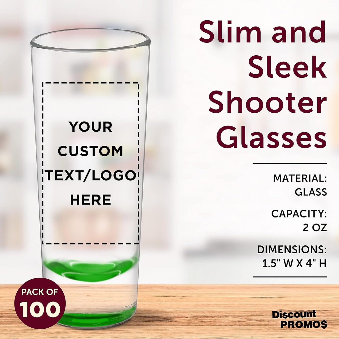 Custom Cordial Shooter Shot Glasses 2 oz. Set of 100, Personalized Bulk Pack - Great for Birthdays, Parties, Indoor & Outdoor Events - Green