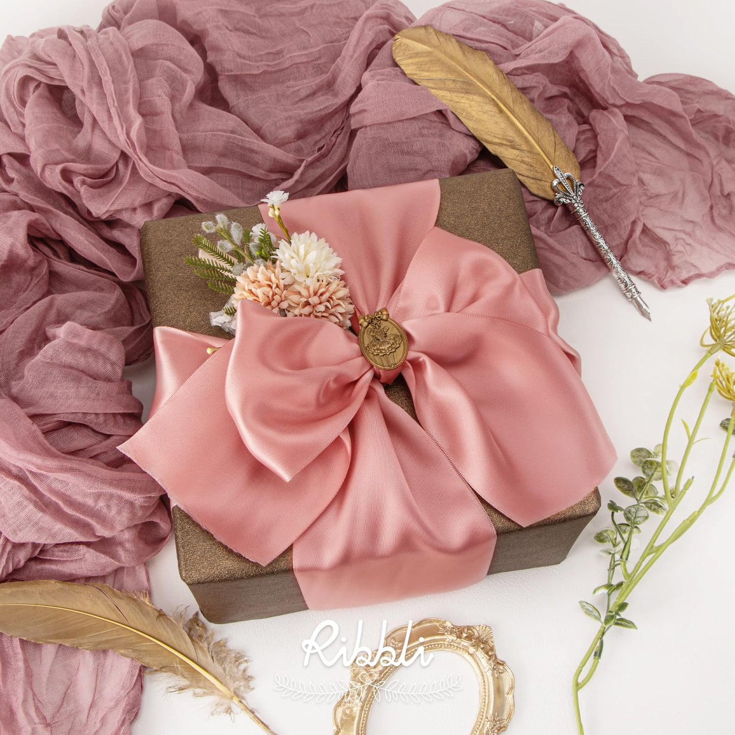 Ribbli Rose Gold Satin Ribbon 4 Inch Wide Rose Gold Ribbon for Wedding Chair Sash Grand Opening Ceremony Big Bows Gift Wrapping Floral Crafts Cake Decor-Double Faced Satin Continuous 10 Yards