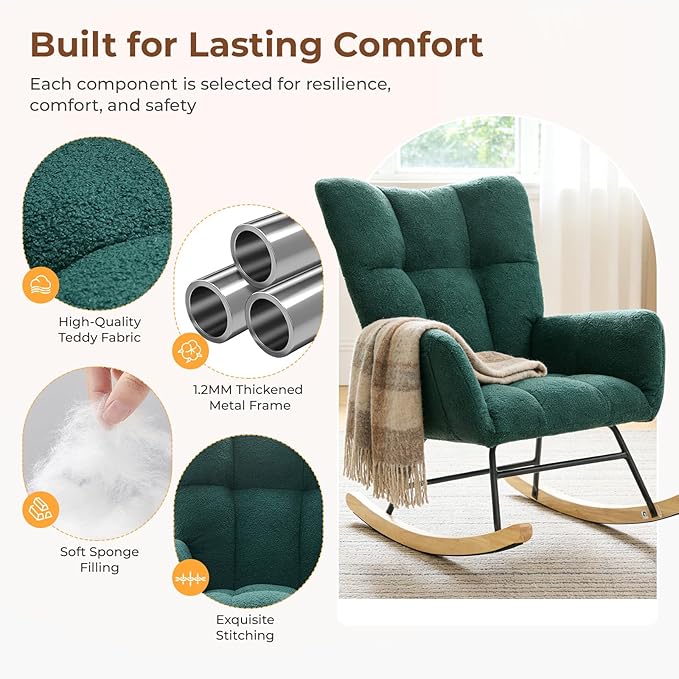DUMOS Nursery Rocking Chair Teddy Upholstered, Comfy Glider Rocker - Image 5