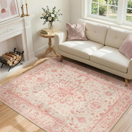 RELEANY Area Rugs 4'x6' Washable Non-Slip, Floral Vintage Distress Print by RELEANY