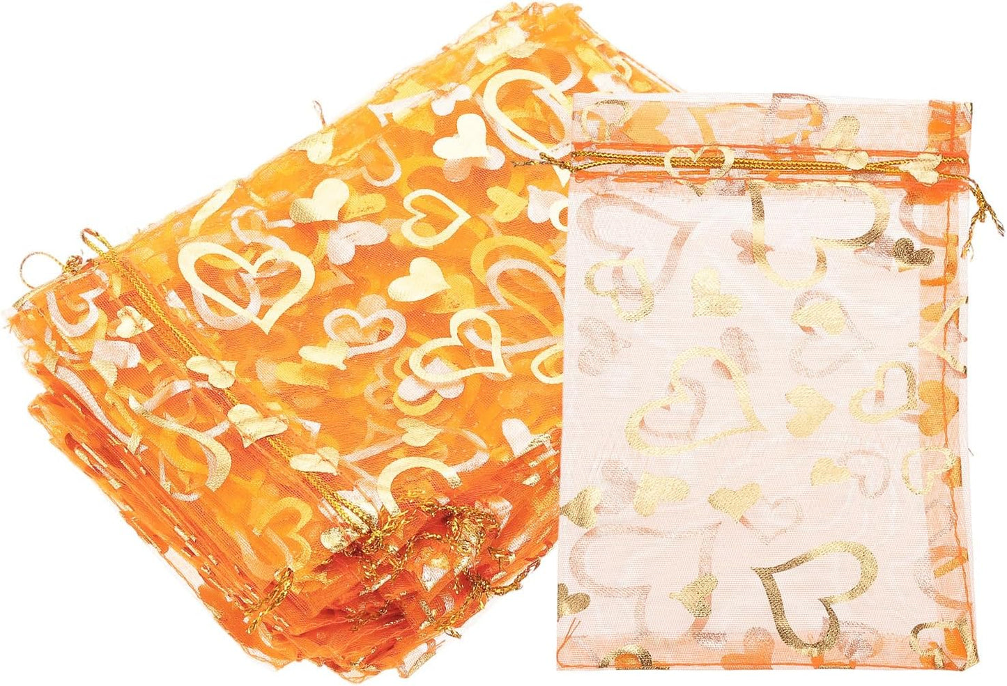 PATIKIL 50 Pcs 4x6 Inch Heart Printed Organza Bags, Orange Sheer Heart Organza Bags with Drawstring for Christmas Candy Jewelry Party Wedding Favor Gift