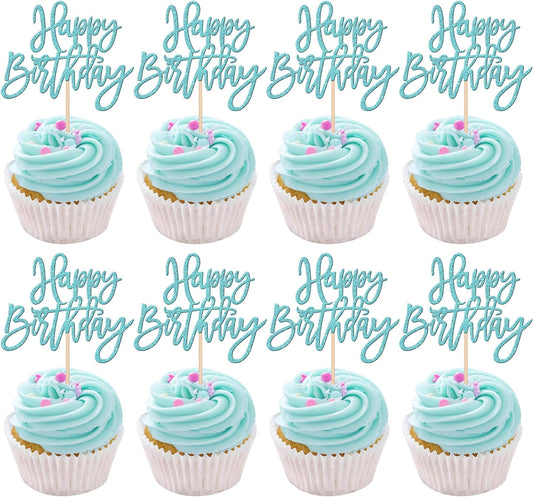24 PCS Happy Birthday Cupcake Toppers Glitter Picks for Celebrating Anniversary Theme Party Cake Decorations Supplies Light Blue