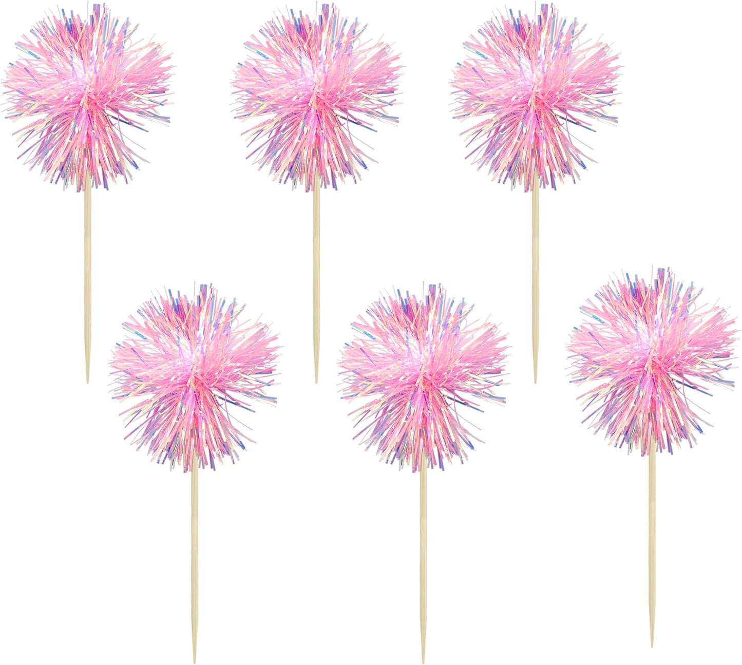 Gyufise 30Pcs Foil Firework Cupcake Toppers Sparkle Tinsel Cake Toppers Tinsel Drink Cake Decoration Cocktail Picks for Birthday Wedding Graduation Party Supplies Dark Pink