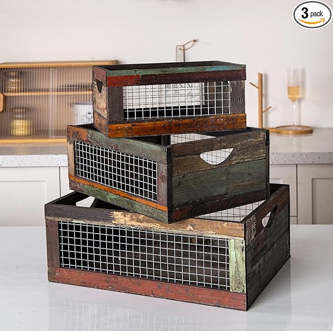 TIMRIS Set of 3 Rustic Wood Nesting Crates, Farmhouse Distressed Wooden Storage by TIMRIS