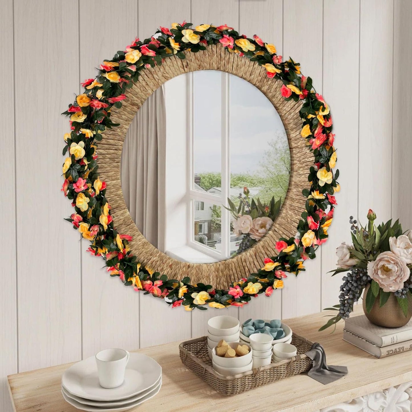 8Pcs 63Ft Pink&Yellow Rose Garland, Fake Rose Hanging Flowers, Artificial Flower Vine, Hanging Floral Vine Garland for Wedding, Birthday Party, Wall Arch, Halloween, Christmas Garden Backdrop Decor