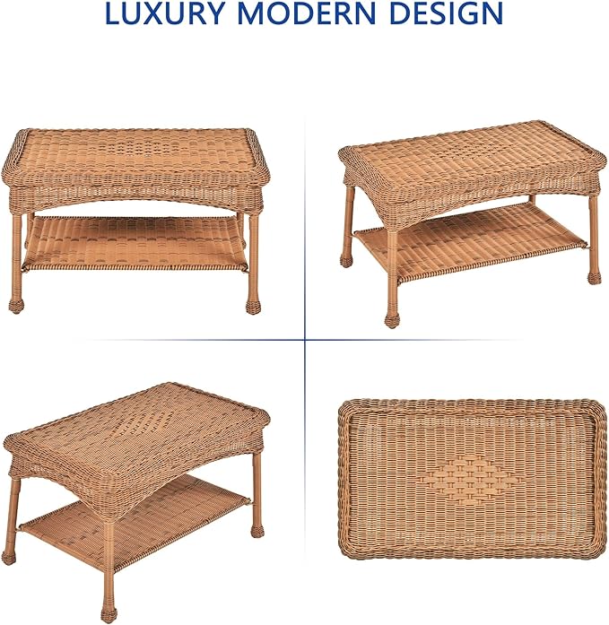 Jeco Wicker Patio Love Seat and Coffee Table Set in Honey Without Cushion - Image 5